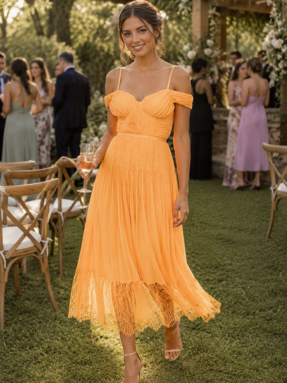 Self-portrait Off Shoulder Pleated Chiffon Dress - Picture 2 of 9